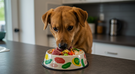 A healthy dog enjoying a nutritious local meal, helping answer is locally made dog food healthier when it comes to visible health benefits.